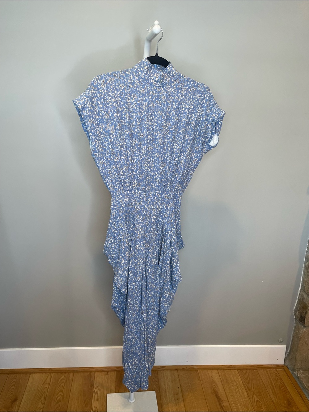 Vintage 1990s Kenar Light Blue Floral Midi Dress - Size 8